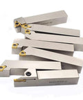 Front view of 7-piece nickel-plated 3/4in shank indexable lathe tool holders with tin-coated carbide inserts