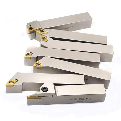 Front view of 7-piece nickel-plated 3/4in shank indexable lathe tool holders with tin-coated carbide inserts