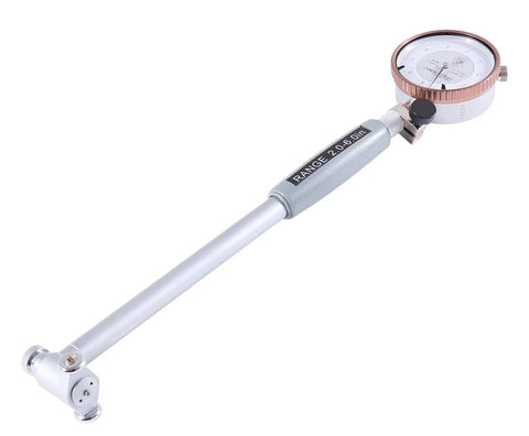 Accusize dial bore gauge with 2–6 in range, long silver rod, gray knurled handle, copper bezel dial