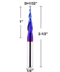 CNC router bit with 1/4 in shank and blue-tipped 1/32 in ball-nose tip, solid carbide spiral end mill for wood engraving