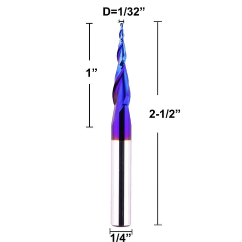 CNC router bit with 1/4 in shank and blue-tipped 1/32 in ball-nose tip, solid carbide spiral end mill for wood engraving