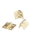 Top Shelf 50 Pack Mini Brass Hinges With A Seamless 180 Degree Swivel For Micro Crafts And Tiny Cabinet Fixes showing three compact gold tone hinges.