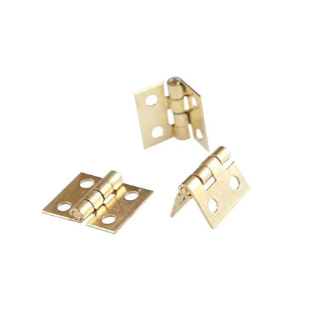 Top Shelf 50 Pack Mini Brass Hinges With A Seamless 180 Degree Swivel For Micro Crafts And Tiny Cabinet Fixes showing three compact gold tone hinges.