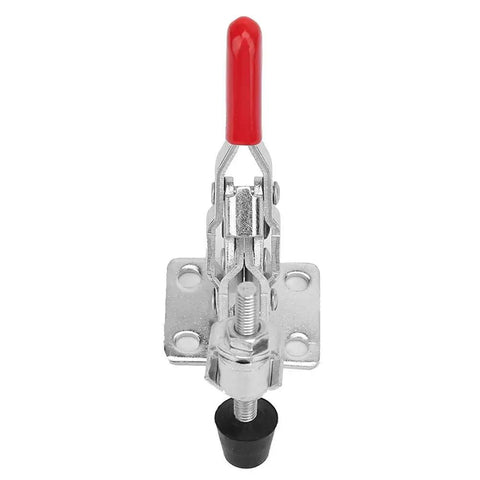 Heavy Duty Vertical Toggle Clamp Quick Release Handle For Welding With Rust Proof Zinc Plated Steel, red handle and base detail.