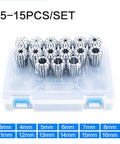 Set of 15 ER25 collets ranging 2mm-16mm in a plastic case, labeled 'ER25-15PCS/SET' on top, precision tool accessory