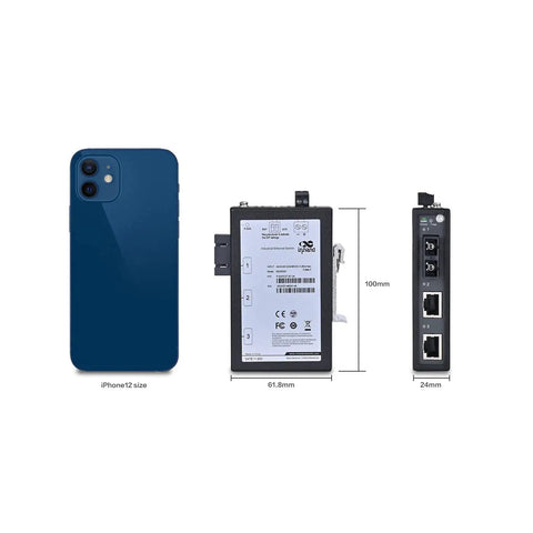 3 Port Unmanaged Industrial Ethernet Switch and Media Converter with dimensions next to smartphone for size comparison.