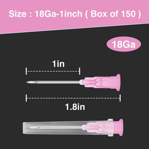150 Count 18 Gauge 1 Inch Luer Lock Dispensing Tips, Stainless Steel and Plastic, product dimensions and details displayed