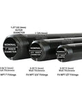 Three black metal pipes with dimensions, including Six Pack Half Inch Black Metal Pipe 30 Inches Long Pre Cut For DIY Industrial Shelving.
