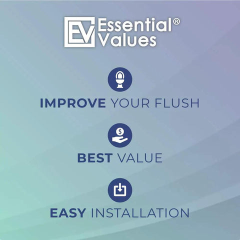 Essential Values logo with text promoting improve flush, best value, easy installation for Three Pack Flush Valve Seal For Toilet GP1059291