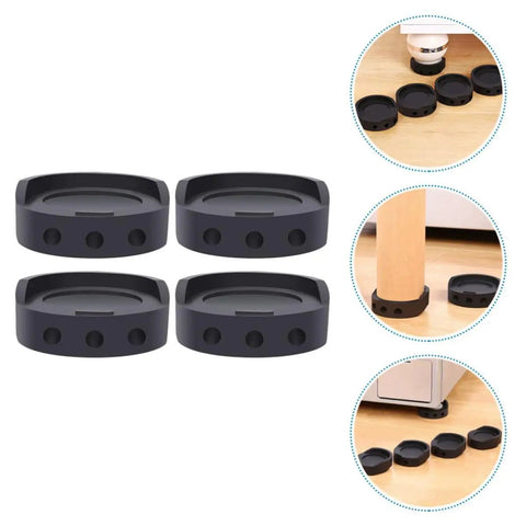 4 Pack Black Rubber Anti Skid Shock Absorbing Mats for washing machines and furniture feet pads on various flooring surfaces.