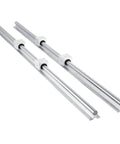 Linear rail kit with two silver aluminum rails and four white bearing blocks for CNC routers and mills