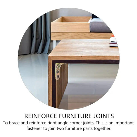 Heavy Duty Metal L Bracket And Corner Shield Supporting Shelving Braces With A Slick Right Angle Design For Wood Furniture Wall Mounted Cabinet Shelf Brace Hardware Kit installed on a wooden table for joint reinforcement.