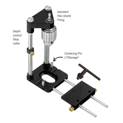 No Sweat Adjustable Woodworking Drill Guide With Precision Drilling Template for straight plastic and metal, showing depth control and fitting.