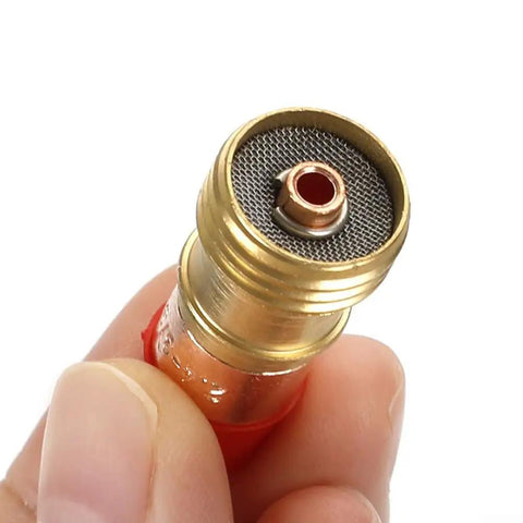 Upgrade Your Tig Welding Game With This Sweet 12 Piece Torch Accessory Kit Featuring Gas Lens And Glass Cup For Cleaner Arcs And Precise Control On Pipes And Tight Spots Without Any Turbulence Or Mess. Close-up of a gas lens component for TIG welding.