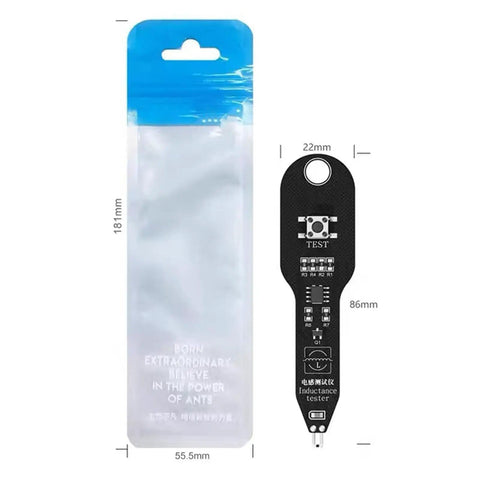 Coil Tester For Motherboards With Compact Housing Fast Inductor Fault Check Device shown with package, size 86x22mm