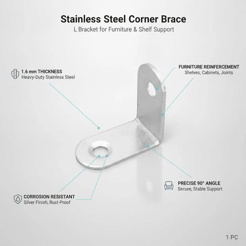 Beefy Heavy Duty 90 Degree L Bracket Stainless Steel Corner Brace for Furniture Reinforcement with corrosion resistance features.
