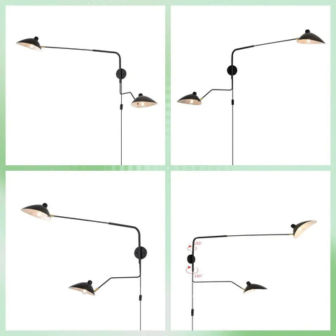4 views of Retro Dope Plug In Wall Sconce With Swivel Arm And Adjustable Head, Industrial Black Vintage Metal Reading Light.