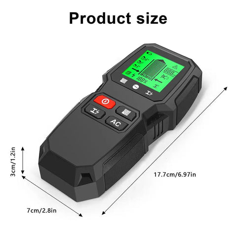7 in 1 Smart Stud Finder Wall Scanner with LCD Display showing product dimensions and ergonomic grip design.