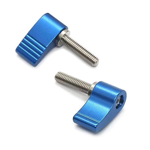 Blue thumb screws with aluminum handle and stainless steel threading, shown from side view. Red M8x20mm Thumb Screws With Handle Single Wing Rotating Knob Adjustable Stainless Steel 2 Pack Easy Tighten Grip For DIY Projects Machinery And Electronics.