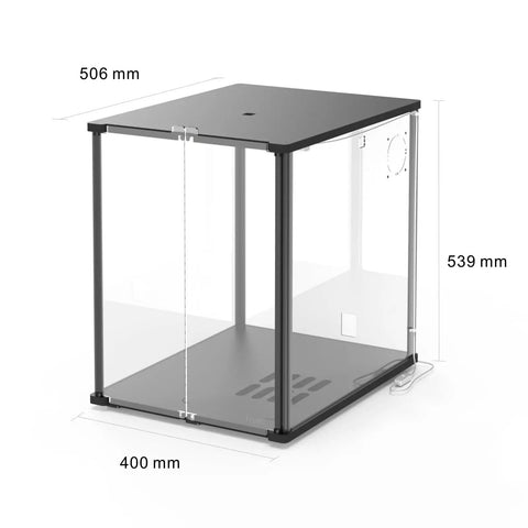 3D Printer Enclosure For Bambu Lab A1 Mini With Fume And Odor Control, black with ventilation cutout, dimensions shown