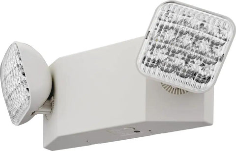 Basics LED Emergency Light With Dual Adjustable Lamp Heads For Wall Mount Go To Backup Power 90 Minute Battery Backup Damp Location Rated 120 And 277 Volt White Finish Built In Test Switch And Status Indicator