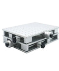 Pro Grade Dual Axis Motion Stage For Precision Adjustment 300x220x90mm XY Table With 140x80mm Stroke Aluminum Alloy Build Cross Roller Guides Ideal For Laser Marking Engraving And Fine Milling. Close-up of the aluminum build with adjustment knobs.