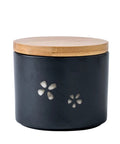 Matte Black Ceramic Coffee Canister With Premium Airtight Seal Keeps Your Daily Grind Fresh No Fuss Wide Mouth Design For Easy Scooping And Reliable Kitchen Pantry Storage with bamboo lid and floral design.