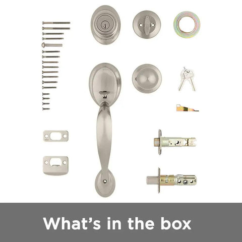 Dakota Front Door Lock Handle And Deadbolt Set, Satin Nickel, SmartKey Rekey, install tools and parts included in box.