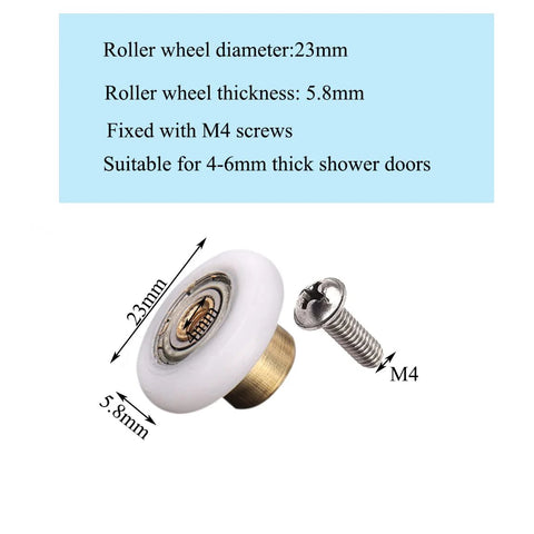 Close-up of shower door roller with copper core, POM wheel, and stainless steel screw, Six Pcs Shower Door Rollers With Copper Core And POM Wheels, Stainless Steel Screws, Replacement Part For Glass Shower Doors, Sliding Door Wheel Bearings For 23mm Tracks, Corrosion Resistant, Low Friction, Stable, Quiet Operation.