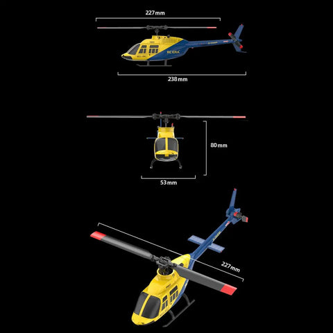1/42 Scale Bell 206 RC Helicopter With 2.4G 4CH Flybarless Mini 3D Stunt Model Optical Flow Altitude Hold dimensions view