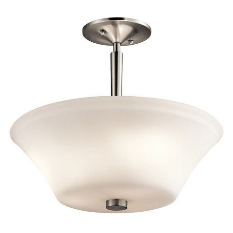 Fifteen Inch Three Light Semi Flush Ceiling Light With Satin Etched Opal Glass In Brushed Nickel Finish, Dope Modern Farmhouse Industrial