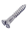 Close-up of a single screw from Beefy Stainless Steel Wood Screws Kit For Woodworking, Size 10 x 1 Inch Flat Head Slotted Countersunk Fasteners, 2500 Pack, Weatherproof And Rust Resistant, Ideal For Decks Cabinets And DIY Projects.