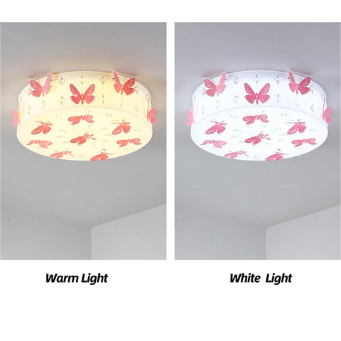 LED Kids Flush Mount Ceiling Light With Pink Butterfly Deco Crystal Drum Chandelier For Girls Bedroom in warm and white light