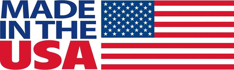 "Made in the USA" text with an American flag design next to it.