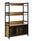 Built Tough 3 Layer Bread Rack And Industrial Kitchen Microwave Shelf With Double Door Storage Cabinet And Ventilated Grate Doors To Keep Your Counter Clean And Organized Straight Up, featuring wood shelves and metal frame.