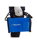 Person holding 200A Portable MMA Stick Welder 110V Inverter with digital display, blue casing, anti-stick control, weighs 5 lbs