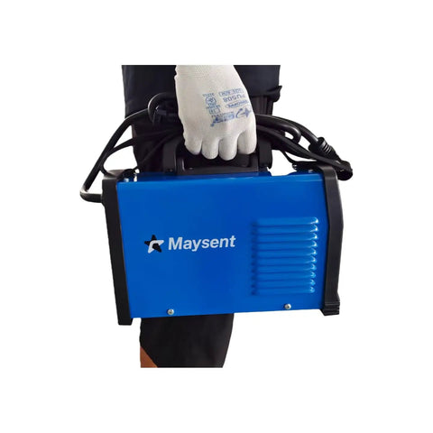 Person holding 200A Portable MMA Stick Welder 110V Inverter with digital display, blue casing, anti-stick control, weighs 5 lbs