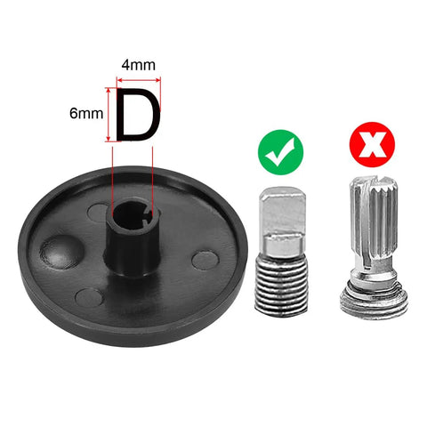 Diagram showing compatibility of 6mm D-type shaft with potentiometer knob, highlighting correct and incorrect shaft types