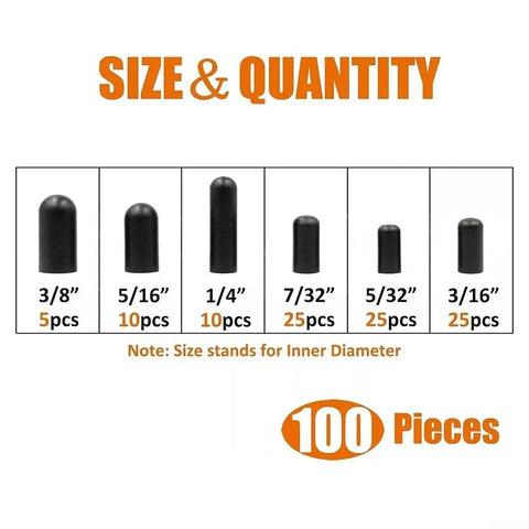 Top Tier 100-Piece Rubber Vacuum Cap Assortment Kit With 6 Sizes For Car Carburetor Manifold And Intake Lines Plus Storage Case For Easy Garage Work. Size chart of black rubber vacuum caps, 3/8 to 3/16 inch, 100 pieces