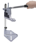 Side view of Beefy Sturdy Drill Press Adapter Stand For Floor Or Table Use Universal Bench Clamp For Drill Workbench And Repairs Aluminum Base Stable Mount With Large Footprint Collet Compatible Drill Press Table.