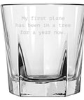 Epic RC Planes Gift For RC Hobbyists Featuring An Aircraft Rocks Glass And Whiskey Tumbler Dope For Plane Pilots And Radio Controlled Aircraft Fans My First Plane Keepsake showing clear rocks glass with etched text "My first plane has been in a tree for a year now."
