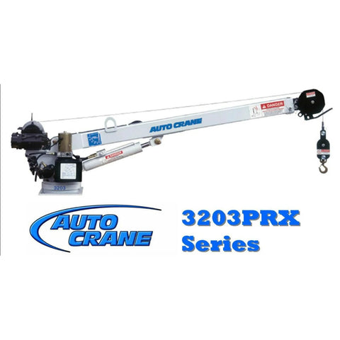 Side view of Auto Crane 3203PRX hydraulic crane kit with light gray boom and load hook.