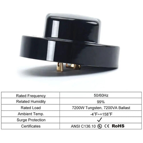 Side view of 8 Pack TwistLock Photocell Cap with Surge Protection for Dusk to Dawn Lighting showing product details chart.