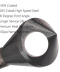 Countersink drill bit, TiAlN-coated cobalt, 90° point, metalworking tool, close-up view