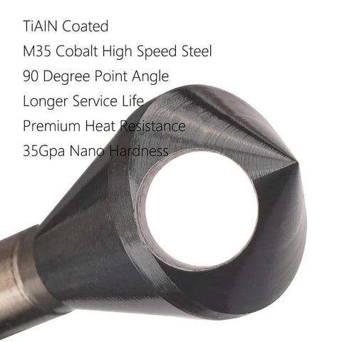 Countersink drill bit, TiAlN-coated cobalt, 90° point, metalworking tool, close-up view