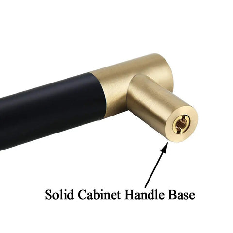 Close-up of Slick Bar Cabinet Handle Pull Dope 6 Inch T Bar Solid Copper with matte black and gold brass finish