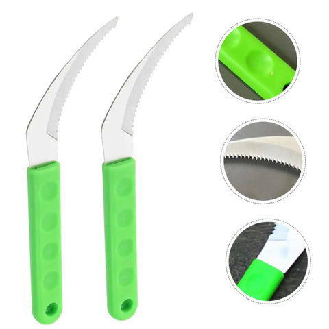 Two Piece Portable Grass Scythe And Weeding Tool Set For Garden with green ergonomic handles and stainless steel blades.
