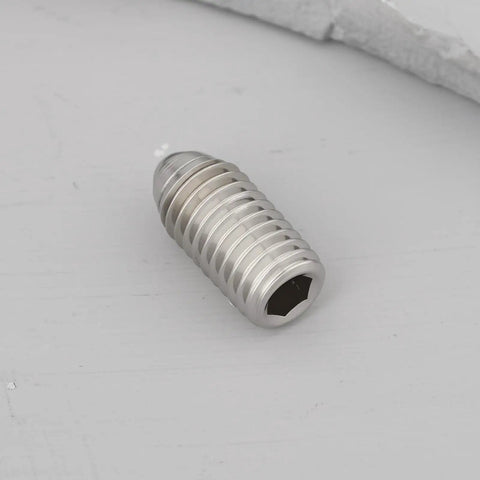 Close-up of a 304 stainless steel M10x20 ball point set screw, part of a 20 Pack M10x20 Ball Point Set Screws, 304 Stainless Steel collection.