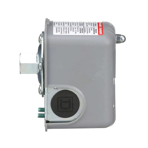 Side view of air pump pressure switch built tough for industrial use, 40-60 psi factory on off, NEMA 1 enclosure, OEM replacement.