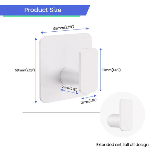 Heavy Duty Adhesive Wall Hooks That Hold Like A Champ, Zero Hassle No Sweat Mounting For Showers And Kitchens, Waterproof Rustproof Sticky Wall Hangers With A Grippy Fit, Kickin Performance Set Of Six White, showing dimensions and design features.